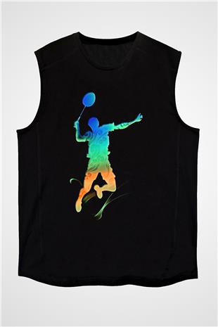 Badminton Baskılı Unisex Siyah Kolsuz Tişört