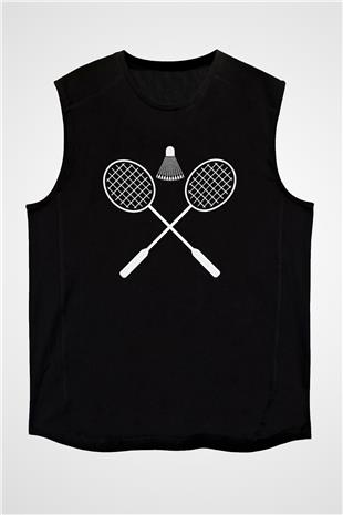 Badminton Baskılı Unisex Siyah Kolsuz Tişört