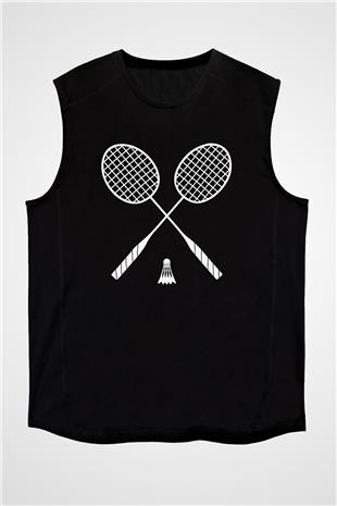 Badminton Baskılı Unisex Siyah Kolsuz Tişört