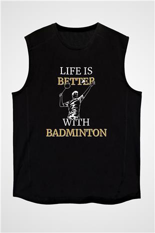 Badminton Baskılı Unisex Siyah Kolsuz Tişört