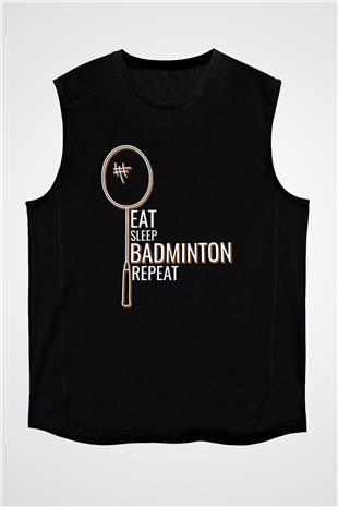 Badminton Baskılı Unisex Siyah Kolsuz Tişört