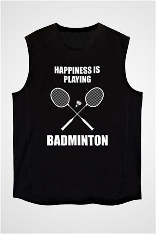 Badminton Baskılı Unisex Siyah Kolsuz Tişört