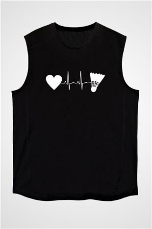 Badminton Baskılı Unisex Siyah Kolsuz Tişört