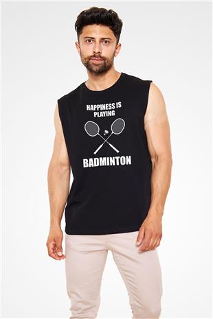 Badminton Baskılı Unisex Siyah Kolsuz Tişört