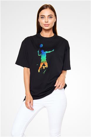 Badminton Baskılı Unisex Siyah Oversize Tişört