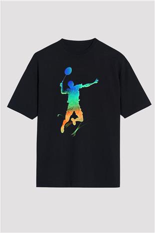Badminton Baskılı Unisex Siyah Oversize Tişört