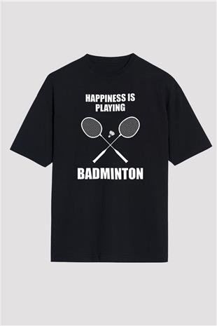 Badminton Baskılı Unisex Siyah Oversize Tişört