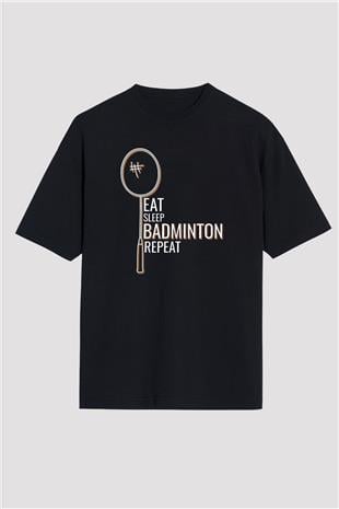 Badminton Baskılı Unisex Siyah Oversize Tişört