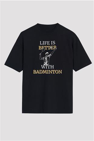 Badminton Baskılı Unisex Siyah Oversize Tişört