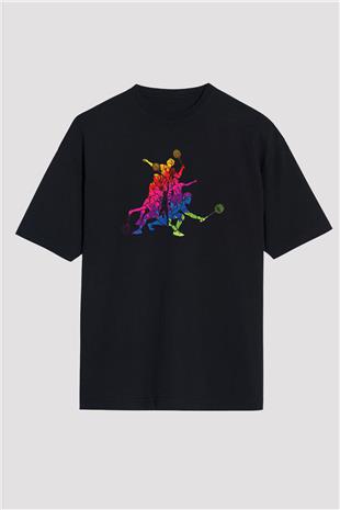 Badminton Baskılı Unisex Siyah Oversize Tişört