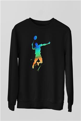 Badminton Baskılı Unisex Siyah Sweatshirt
