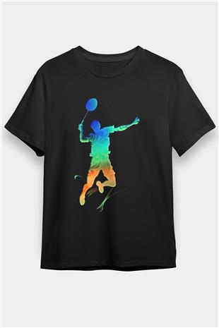 Badminton Baskılı Unisex Siyah Tişört - Tshirt