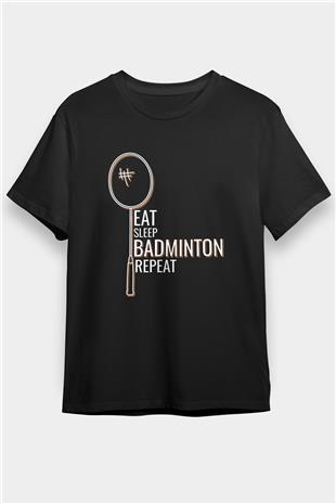 Badminton Baskılı Unisex Siyah Tişört - Tshirt