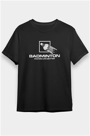 Badminton Baskılı Unisex Siyah Tişört - Tshirt