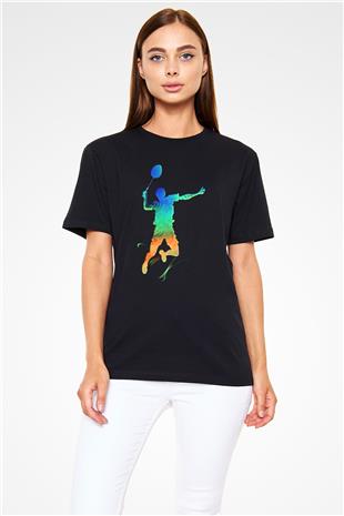 Badminton Baskılı Unisex Siyah Tişört - Tshirt
