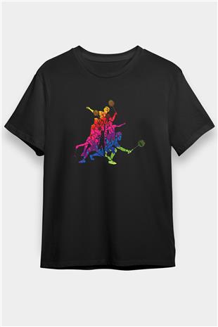 Badminton Baskılı Unisex Siyah Tişört - Tshirt