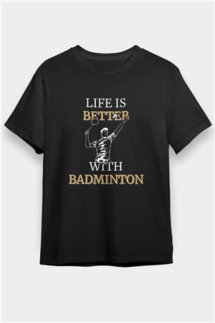 Badminton Baskılı Unisex Siyah Tişört - Tshirt