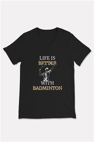 Badminton Baskılı Unisex Siyah V Yaka Tişört