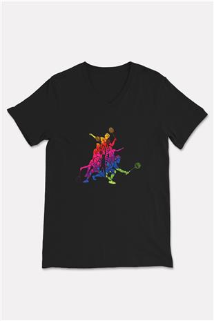 Badminton Baskılı Unisex Siyah V Yaka Tişört