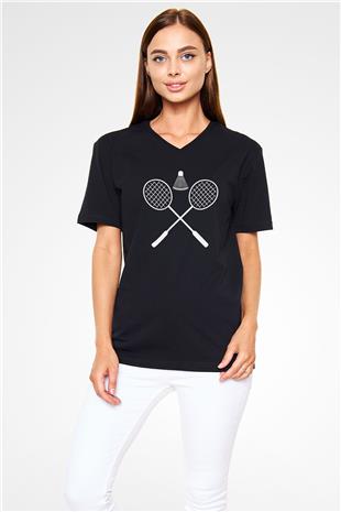 Badminton Baskılı Unisex Siyah V Yaka Tişört