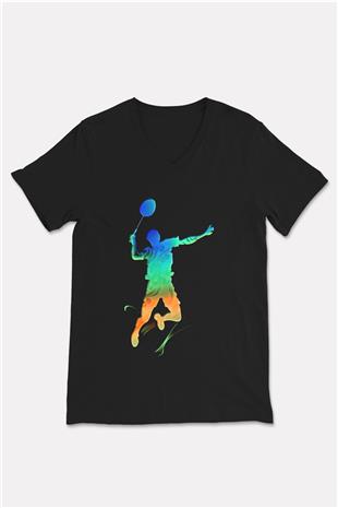 Badminton Baskılı Unisex Siyah V Yaka Tişört