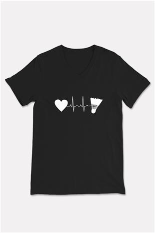 Badminton Baskılı Unisex Siyah V Yaka Tişört