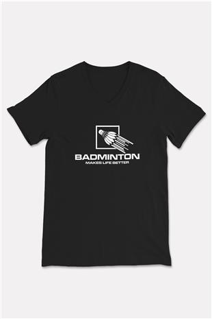 Badminton Baskılı Unisex Siyah V Yaka Tişört