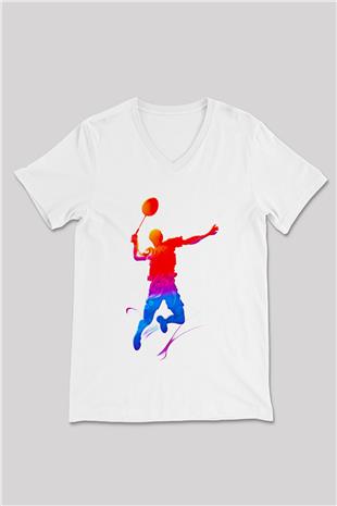 Badminton Baskılı Unisex V Yaka Tişört - Tshirt