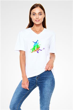 Badminton Baskılı Unisex V Yaka Tişört - Tshirt
