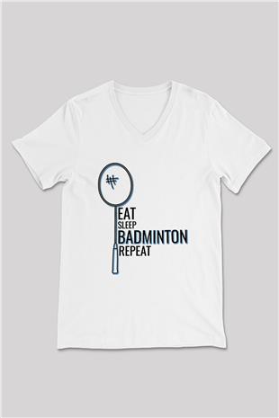Badminton Baskılı Unisex V Yaka Tişört - Tshirt
