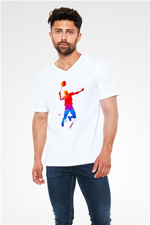 Badminton Baskılı Unisex V Yaka Tişört - Tshirt