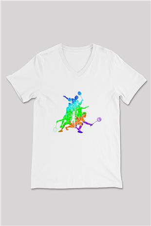 Badminton Baskılı Unisex V Yaka Tişört - Tshirt