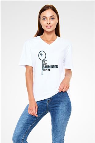 Badminton Baskılı Unisex V Yaka Tişört - Tshirt