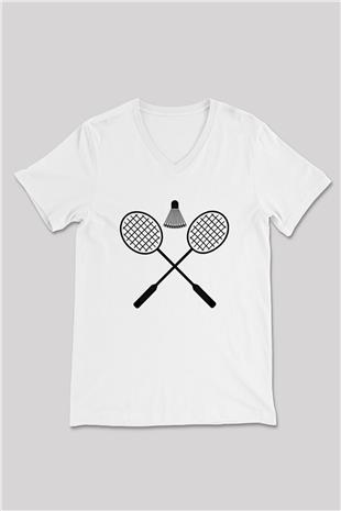 Badminton Baskılı Unisex V Yaka Tişört - Tshirt