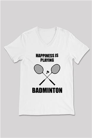 Badminton Baskılı Unisex V Yaka Tişört - Tshirt