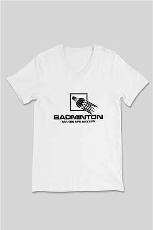 Badminton Baskılı Unisex V Yaka Tişört - Tshirt