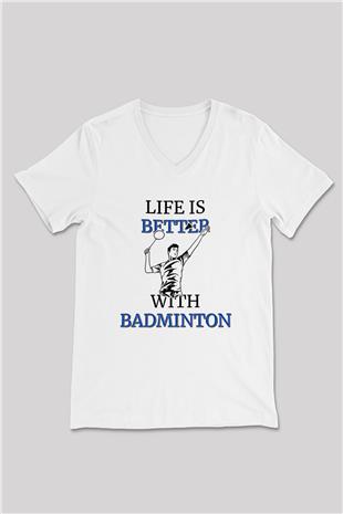 Badminton Baskılı Unisex V Yaka Tişört - Tshirt