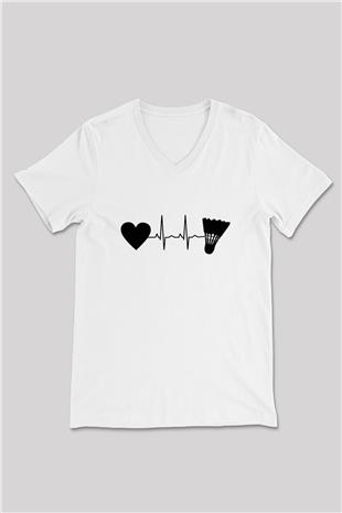 Badminton Baskılı Unisex V Yaka Tişört - Tshirt