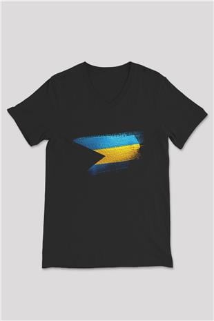 Bahamalar - Bahamas Bayrağı Baskılı Unisex Siyah V Yaka Tişört