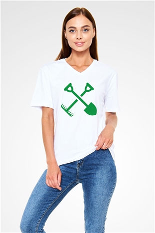 Bahçıvan Beyaz Unisex V Yaka Tişört T-Shirt