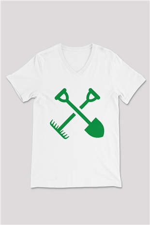 Bahçıvan Beyaz Unisex V Yaka Tişört T-Shirt