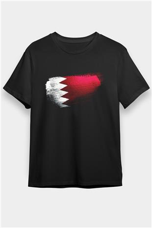 Bahreyn - Bahrain Bayrağı Baskılı Unisex Siyah Tişört