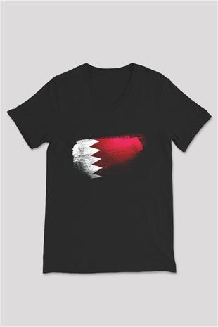 Bahreyn - Bahrain Bayrağı Baskılı Unisex Siyah V Yaka Tişört
