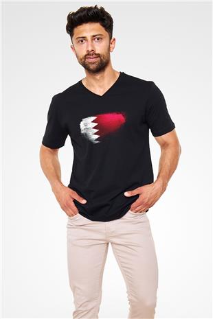 Bahreyn - Bahrain Bayrağı Baskılı Unisex Siyah V Yaka Tişört