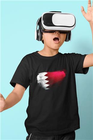 Bahreyn - Bahrain Bayrağı Baskılı Unisex Siyah Çocuk Tişörtü