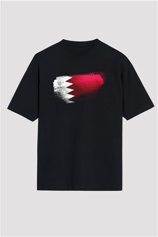 Bahreyn - Bahrain Bayrağı Baskılı Unisex Siyah Oversize Tişört