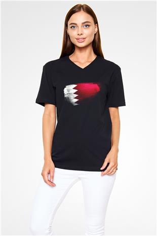 Bahreyn - Bahrain Bayrağı Baskılı Unisex Siyah V Yaka Tişört