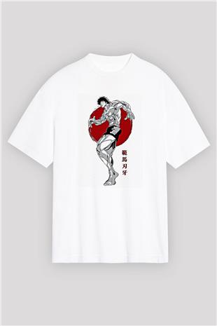 Baki The Grappler Baskılı Beyaz Unisex Oversize Tişört - Tshirt