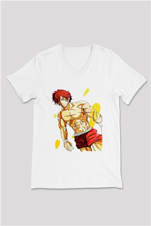 Baki The Grappler Baskılı Beyaz Unisex V Yaka Tişört - Tshirt