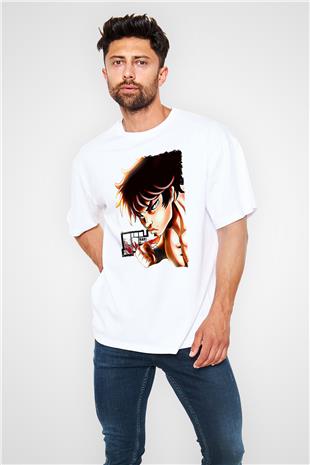 Baki The Grappler Baskılı Beyaz Unisex Oversize Tişört - Tshirt